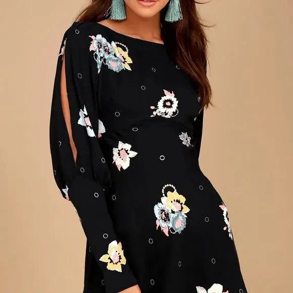 Free People Sunshadows Slit Sleeve Mini Dress Black Combo 4 - Picture 5 of 16